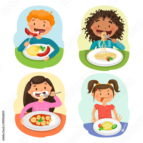Beautiful childrens Enjoying Healthy Lunch In Cafeteria