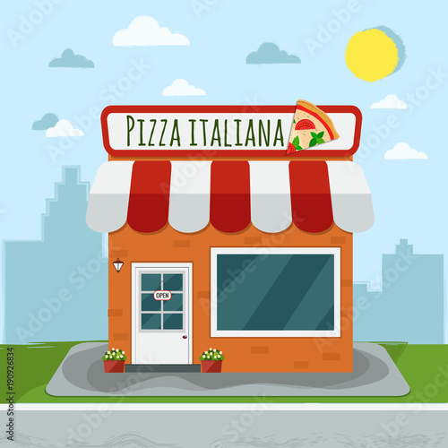 Cartoon pizzeria. Pizza italiana. Vector illustration. Flat design.