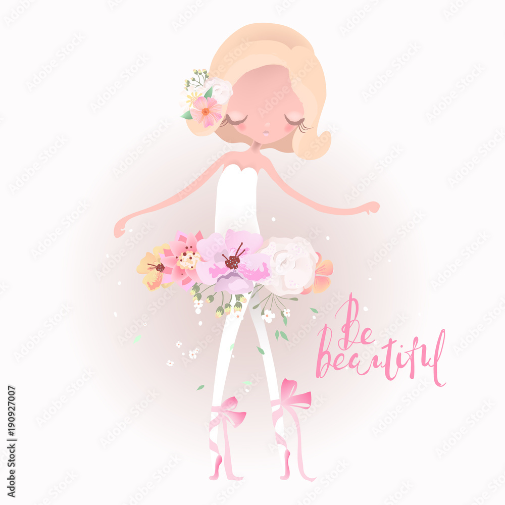 Beautiful ballet girl, ballerina with flower dress, floral wreath, bouquet and tied bows. Little Miss lettering Beautiful ballet girl, ballerina with flower dress, floral wreath, bouquet and tied bows. Little Miss lettering