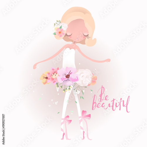 Beautiful ballet girl, ballerina with flower dress, floral wreath, bouquet and tied bows. Little Miss lettering