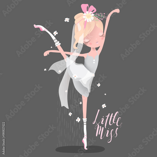 Beautiful ballet girl, ballerina with flowers, floral wreath, bouquet and tied bow. Little Miss lettering