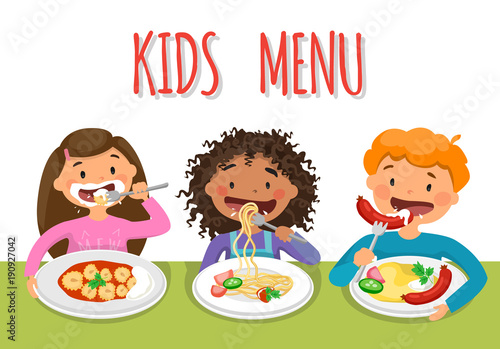 Beautiful childrens Enjoying Healthy Lunch In Cafeteria