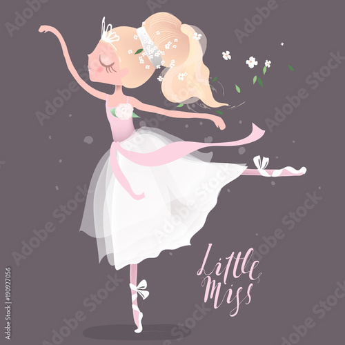 Beautiful ballet girl, ballerina in crown with flowers, floral wreath, bouquet and tied bows. Little Miss lettering