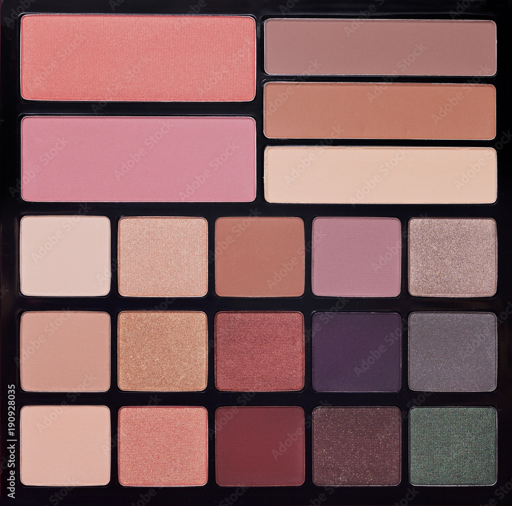 Palette of colorful eyeshadows from high view Palette of colorful eyeshadows from high view