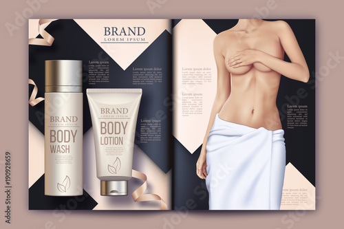 Design of web banner with cosmetic set. Advertising of means for care of body skin for women. Concept vector illustration of cosmetic set.