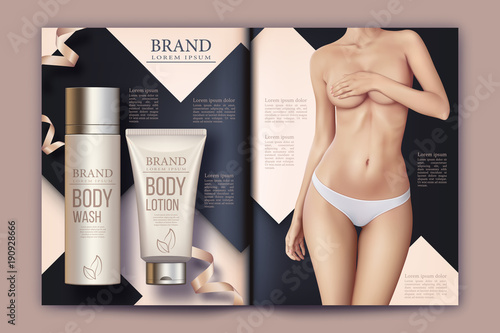 Design of web banner with cosmetic set. Advertising of means for care of body skin for women. Concept vector illustration of cosmetic set.