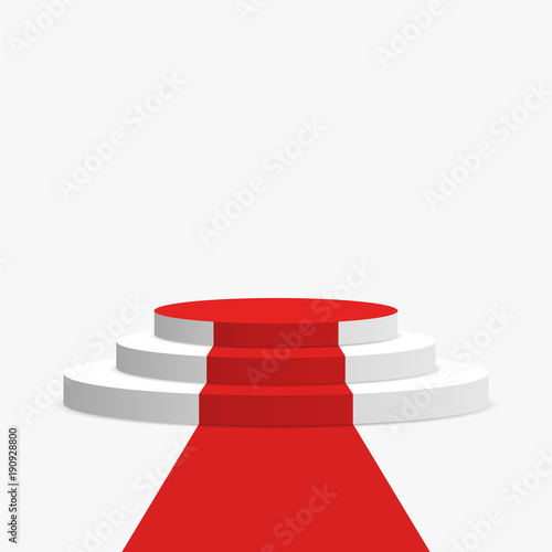 Red carpet and podium. White round pedestal with stairs isolated on background. Stage for winners and award ceremony