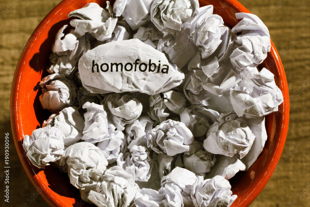 Crumpled paper written homofobia, portuguese and spanish word for