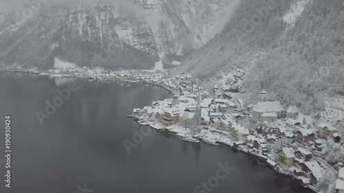 Hallstat village from the air. Beautiful natural video landscape in the Austria