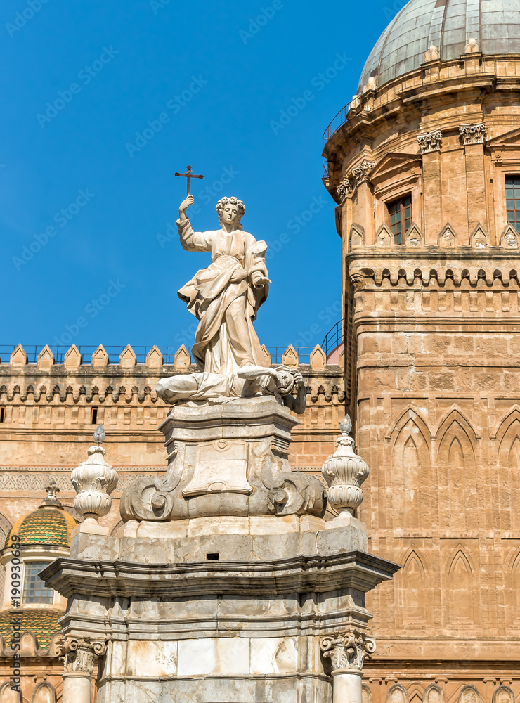 View of Santa Rosalia statue in front of the Palermo Cathedral, Sicily, southern Italy
