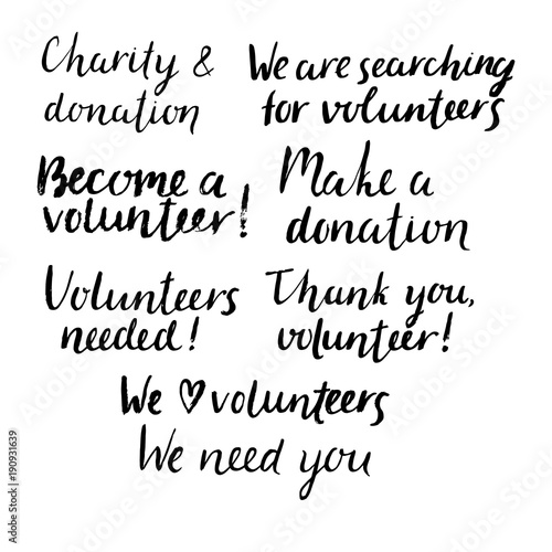 Set of hand drawn phrases about volunteering.