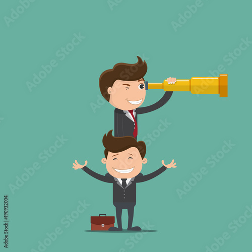 Businessman looking through binoculars with happy businessman, Business vision concepts, Vector illustration