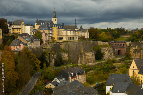 Medieval city in Luxembourg with a dark sky