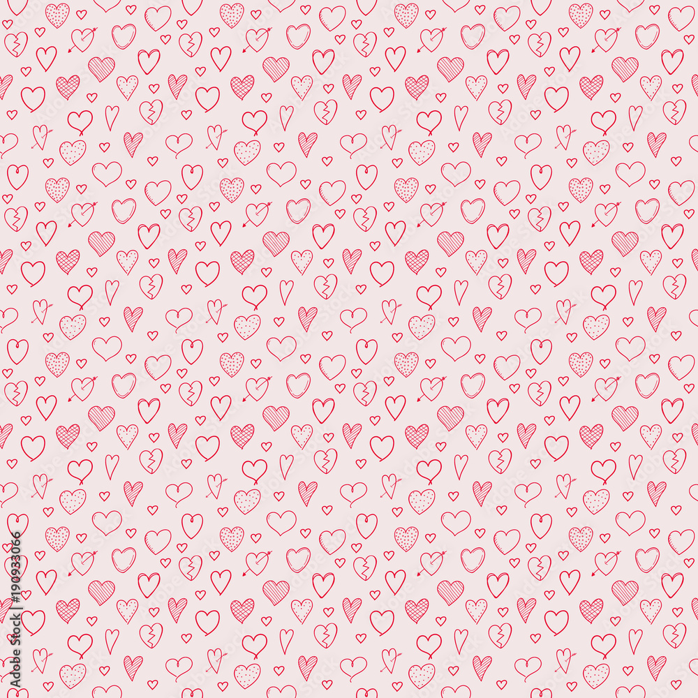 Hand drawn hearts - seamless pattern. Valentine's Day, Woman's Day and Mother's Day. Vector