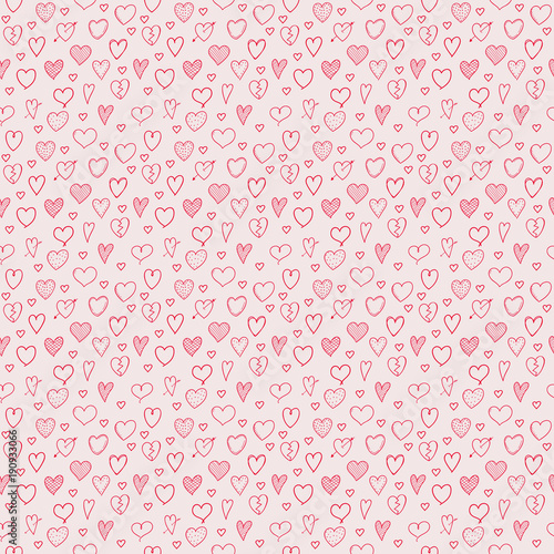 Hand drawn hearts - seamless pattern. Valentine's Day, Woman's Day and Mother's Day. Vector