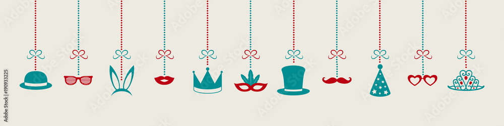 Hanging Party elements - funny costumes. Panoramic header for carnival, party, birthday and photobooth. Vector.