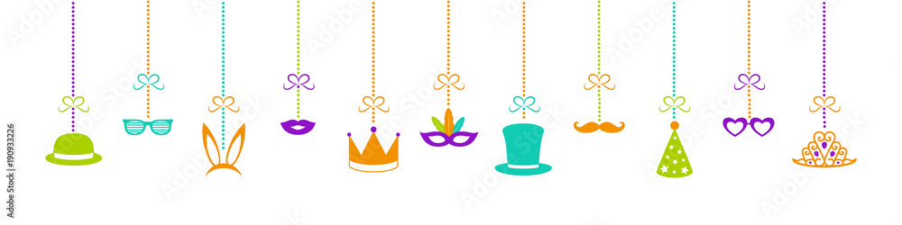 Hanging Party elements - funny costumes. Panoramic header for carnival, party, birthday and photobooth. Vector.