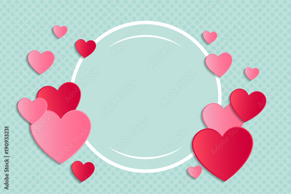 Template of poster with paper cut hearts and copyspace. Valentine's Day, Mother's Day or Women's Day. Vector.