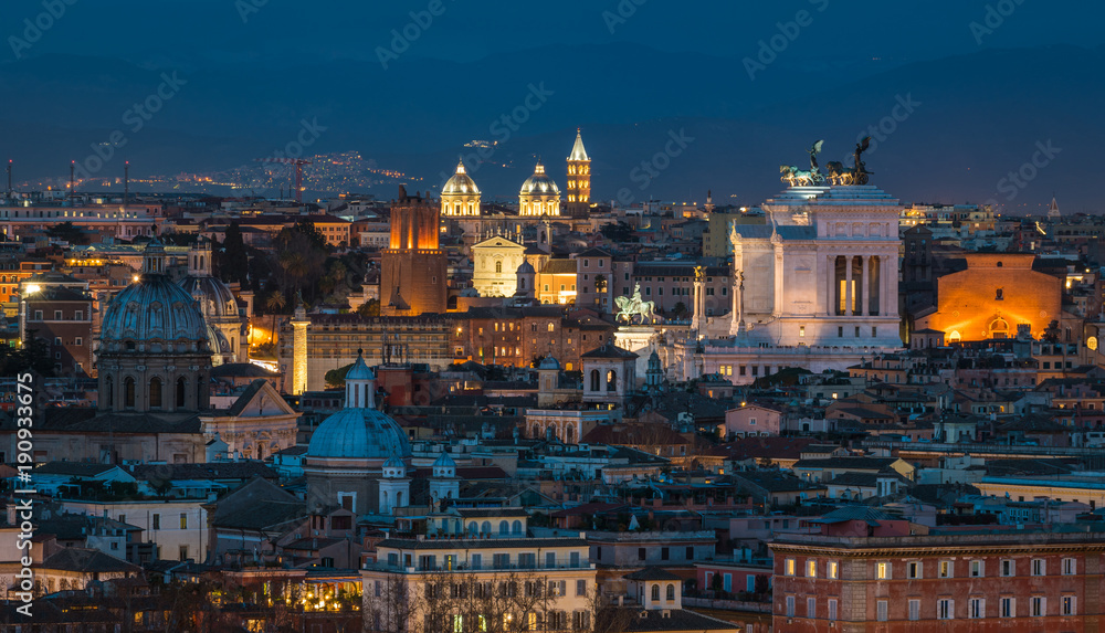 Rome panorama at sunset from the Gianicolo Hill Terrace.