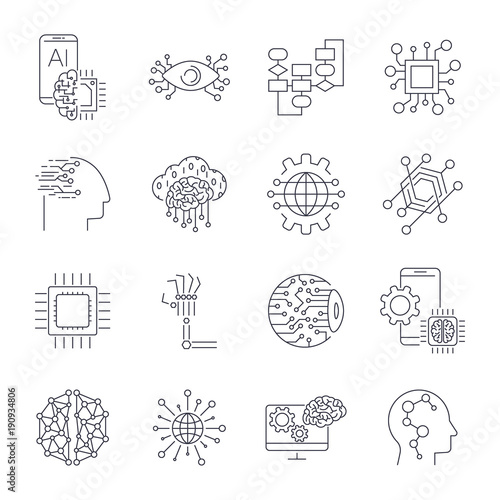 Artificial Intelligence, industry, integration, iot, industrial business, web computing concept. AI factory manufacturing management process development engineering technology. Editable Stroke