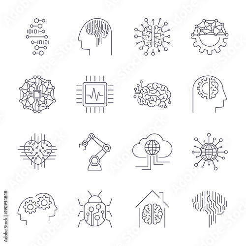 Simple set of artificial intelligence related line icons AI . Editable Stroke.