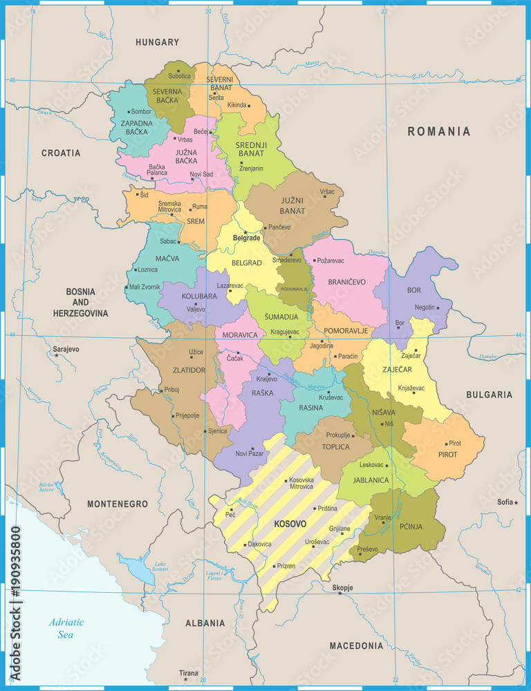 Obraz premium Mapa Serbii - Szczegółowa ilustracja wektorowa
