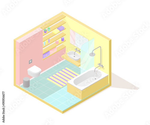 Vector isometric low poly cutaway interior illustartion. Bathroom