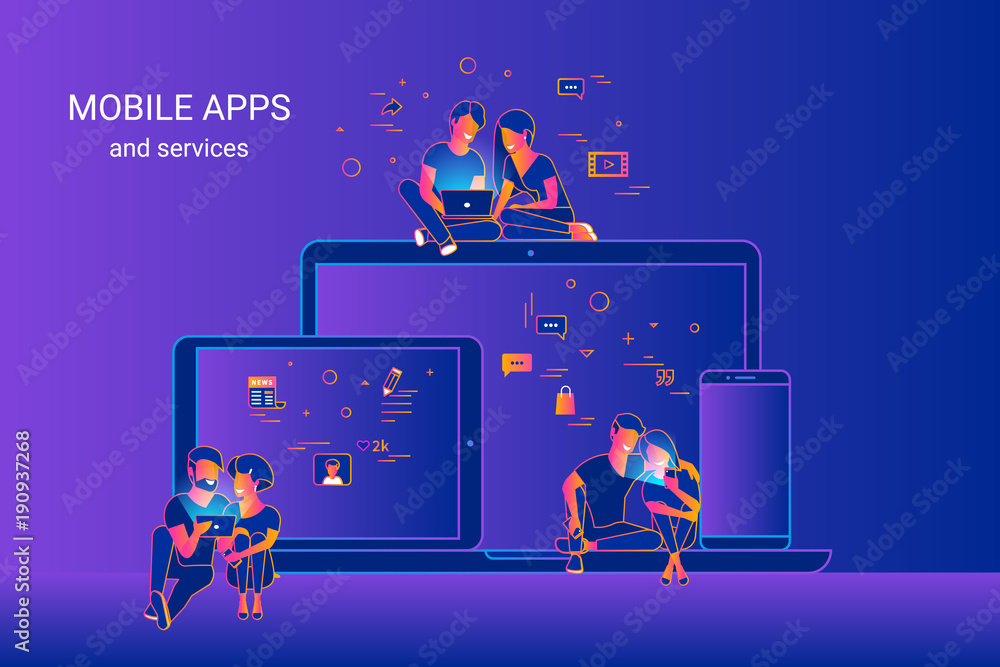 Gradient line vector illustration of people using gadgets sitting on smartphone, tablet and laptop and enjoying ux and ui design. Young couples using cross platform mobile apps for social networks