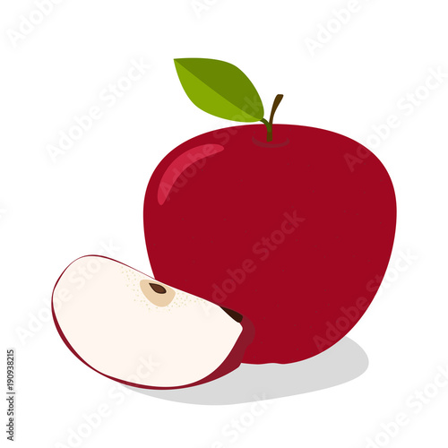 Red Apple with Green Leaves and Apple Slice Vector Illustration.