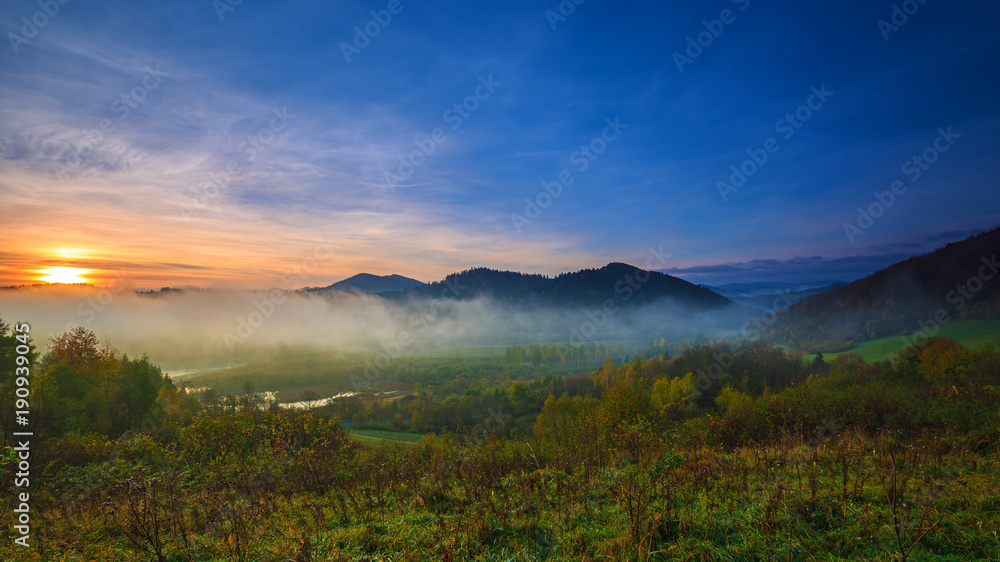 Fog in the Bieszczady Mountains at sunrise