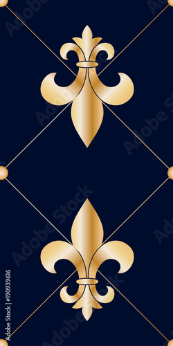 Seamless pattern with golden heraldic fleur de lis flowers.