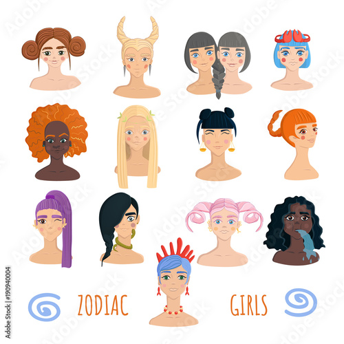 Zodiac girls collection isolated on white background. Female diversity  concept. Different hairstyles and nationalities. Twelve portraits of women  demonstrating zodiac signs. Stock Vector | Adobe Stock
