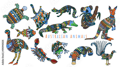 Colorful tribal set of australian animals. Cute stylized australian animals collection.