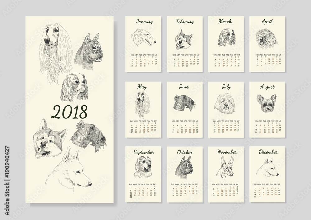 Calendar for 2018 with hand drawn dog sketches. Unique dog breed for calendar for new year. Calendar for 2018 with hand drawn dog sketches. Unique dog breed for calendar for new year.