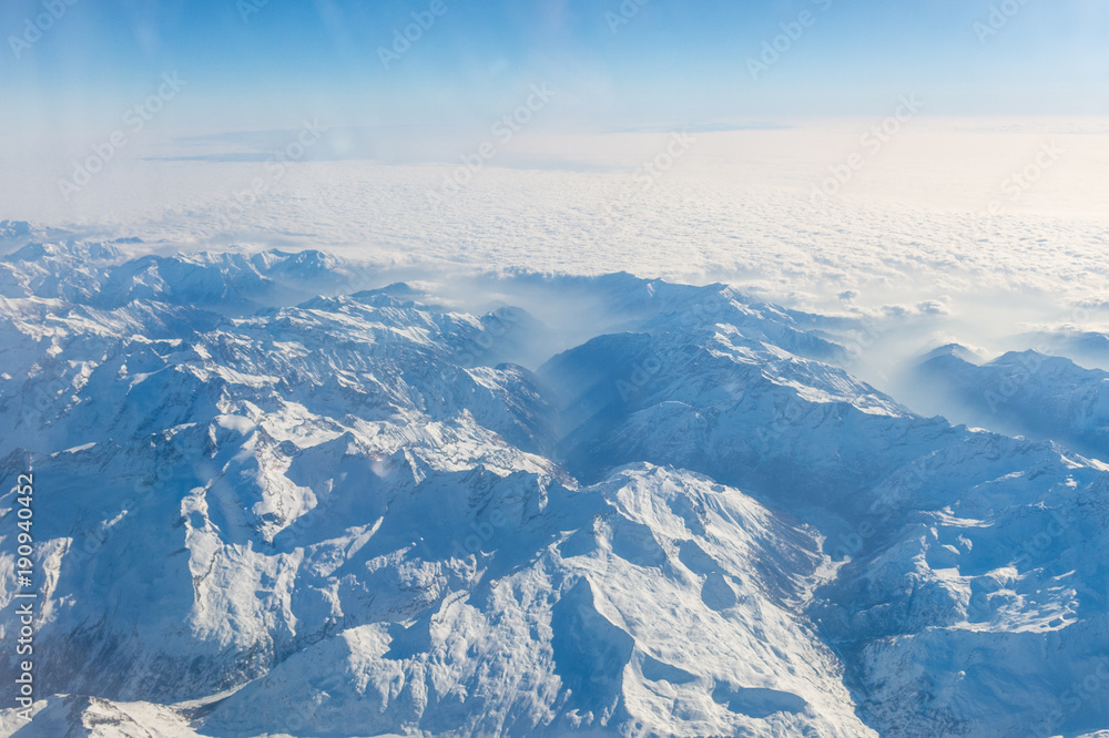 Aerial view of the Swiss alps. Flying over Alps. mazing view on mountain.