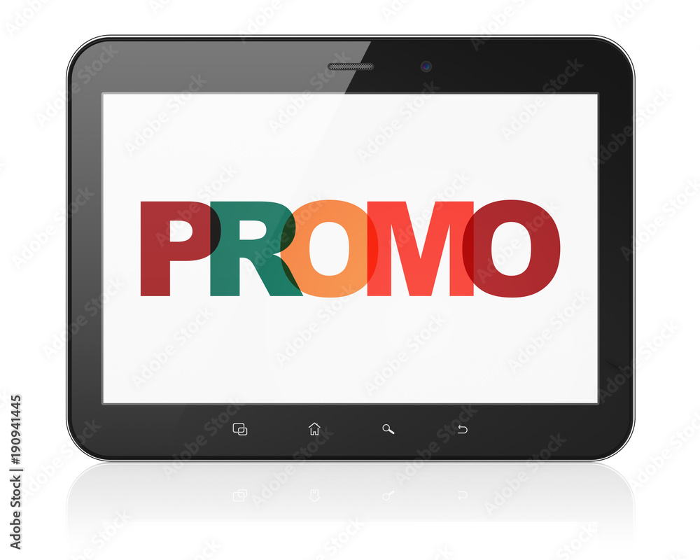 Advertising concept: Tablet Computer with Painted multicolor text Promo on display, 3D rendering Advertising concept: Tablet Computer with Painted multicolor text Promo on display, 3D rendering