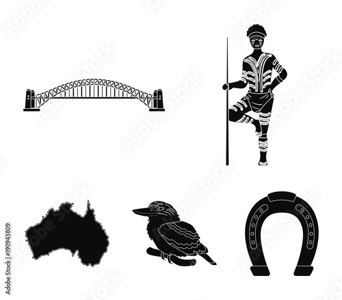 with a spear, Sydney Harbor Bridge, kookabarra on a branch, the territory of the country.Australia set collection icons in black style vector symbol stock illustration web.