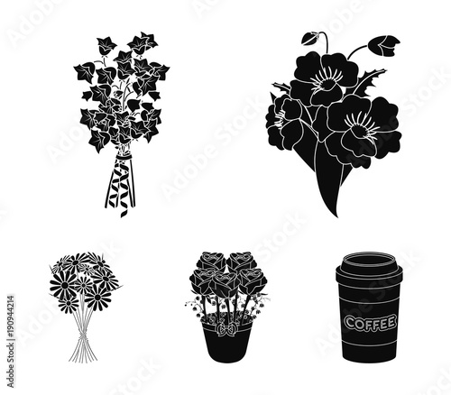 A bouquet of fresh flowers black icons in set collection for design. Various bouquets vector symbol stock web illustration. photo