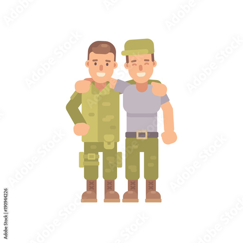 Two happy soldiers hugging. Two army friends in military uniform. Flat character illustration