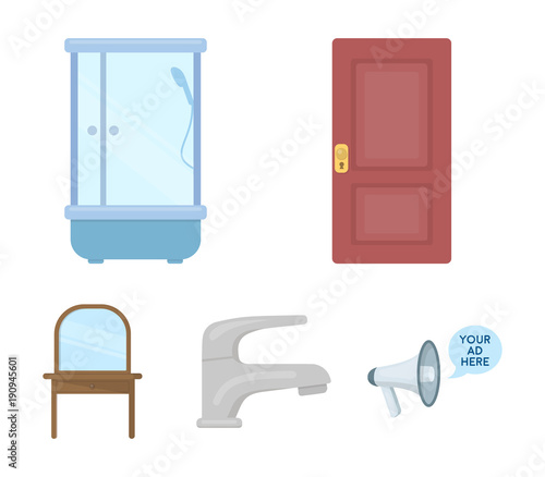 Door, shower cubicle, mirror with drawers, faucet.Furniture set collection icons in cartoon style vector symbol stock illustration web.