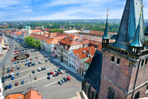 famous Great square with White tower, town hall, gothic saint Spirit cathedral, historical town Hradec Kralove, Czech republic