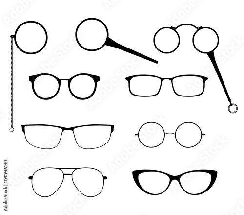 Glasses silhouette vector set. Frames to modern sunglasses with different styles as well as vintage eyeglasses - lorgnette, monocle and a magnifying glass photo