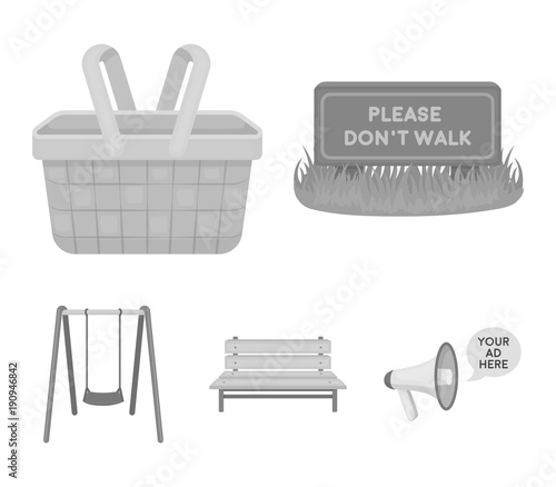 Lawn with a sign, a basket with food, a bench, a swing. Park set collection icons in monochrome style vector symbol stock illustration web.