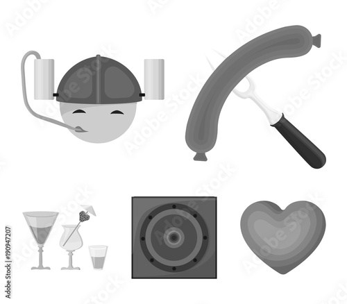 Fried sausage, beer helmet, cocktails, speaker.Pub set collection icons in monochrome style vector symbol stock illustration web.