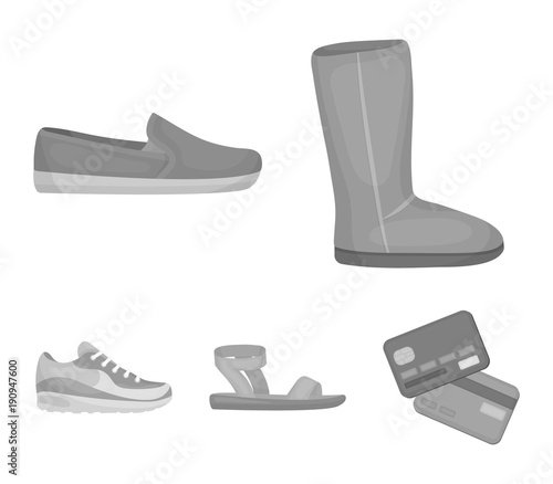 Beige ugg boots with fur, brown loafers with a white sole, sandals with a fastener, white and blue sneakers. Shoes set collection icons in monochrome style vector symbol stock illustration web.