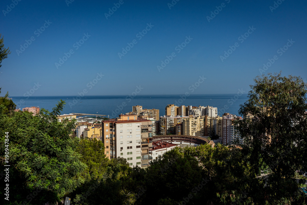 Obraz premium aerial view of Malagueta district and La Malagueta Bullring in Malaga, Spain, Europe