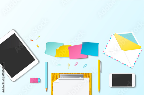 Workplace vector mock-up collection set with office supplies. Flat lay top view on realistic tablet, mobile phone, stationery items. Blog header with place for text. Home office, freelance concept.