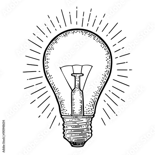 Glowing light incandescent bulb with ray. Vector vintage engraving
