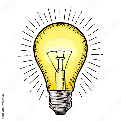 Glowing light incandescent bulb with ray. Vector vintage engraving
