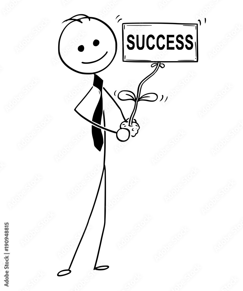 Cartoon stick man drawing conceptual illustration of businessman care about plant in his hand. Plant flower as success sign. Business concept of career, startup or investment. Cartoon stick man drawing conceptual illustration of businessman care about plant in his hand. Plant flower as success sign. Business concept of career, startup or investment.